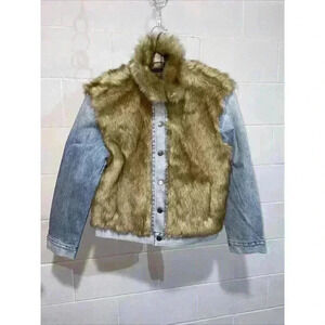 Levi's Premium Women's Oversized Faux Fur Trucker Jacket XS Blue Denim Furry Fur